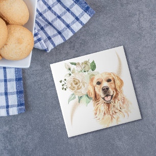 Carreau Bouquet Rose blanche Golden Retriever Chien
