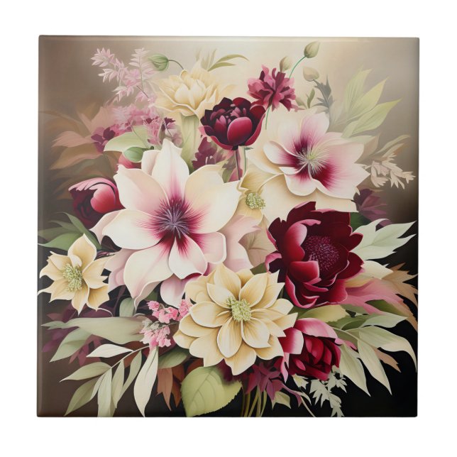 Carreau Bouquet Vibrant De Bourgogne Et Fleurs De Crème (Devant)