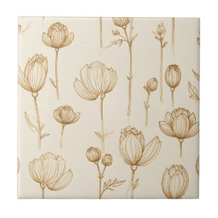 Carreau Bourgeons de fleurs sépia et floraisons ouvertes s