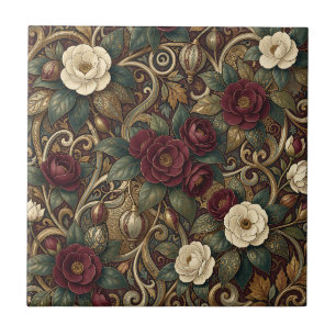 Carreau Bourgogne Orné Floral et Lanterne Dorée Vintage