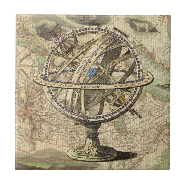 Carreau Boussole nautique vintage et carte (Devant)