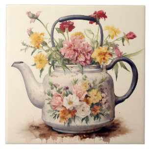 Carreau Bouteille de thé vintage à l'aquarelle avec fleurs