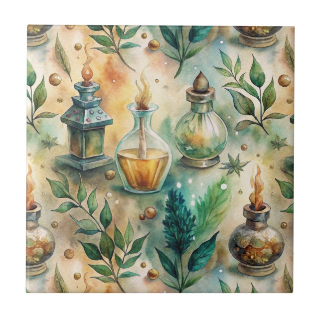 Carreau Bouteilles de potion antiques vert ambre botanique (Devant)