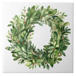 Carreau Boxwood Wreath Berries Simple Watercolor Ferme