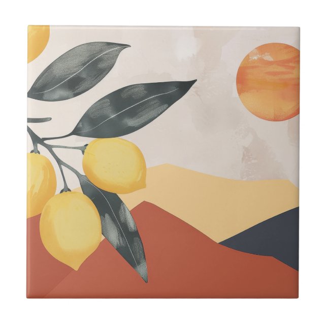 Carreau Branche de citron bohème avec soleil abstrait mini (Devant)