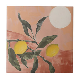 Carreau Branche de citron Boho avec Soleil Abstrait Minima