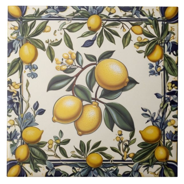 Carreau Branche de citron espagnol citrons feuilles bleu e (Devant)