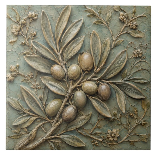Carreau Branche d'olive antique botanique Faux Relief (Devant)