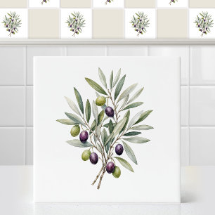 Carreau Branche d'olive méditerranéenne à l'aquarelle avec