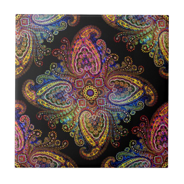 Carreau Brochette multicolore Paisley sur fond noir (Devant)