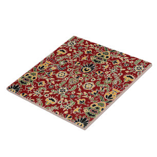 Carreau Broderie folklorique jaune, vert, noir sur rouge p