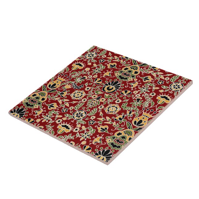 Carreau Broderie folle Jaune, Vert, Noir sur Rouge profond (Côté)