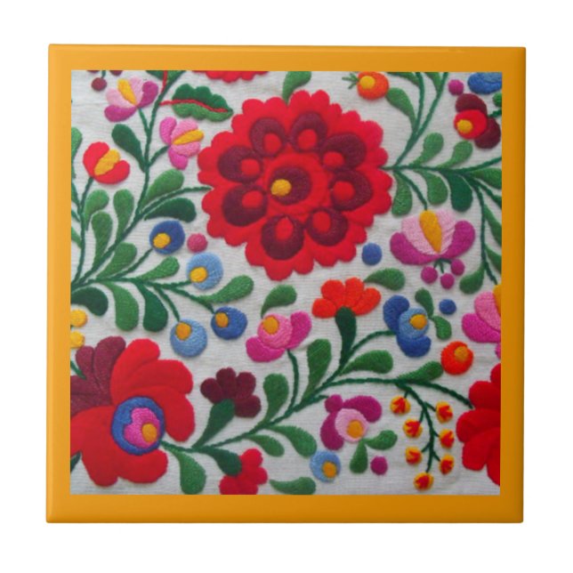 Carreau Broderie mexicaine Fleurs Cuisine Trivet Jaune (Devant)