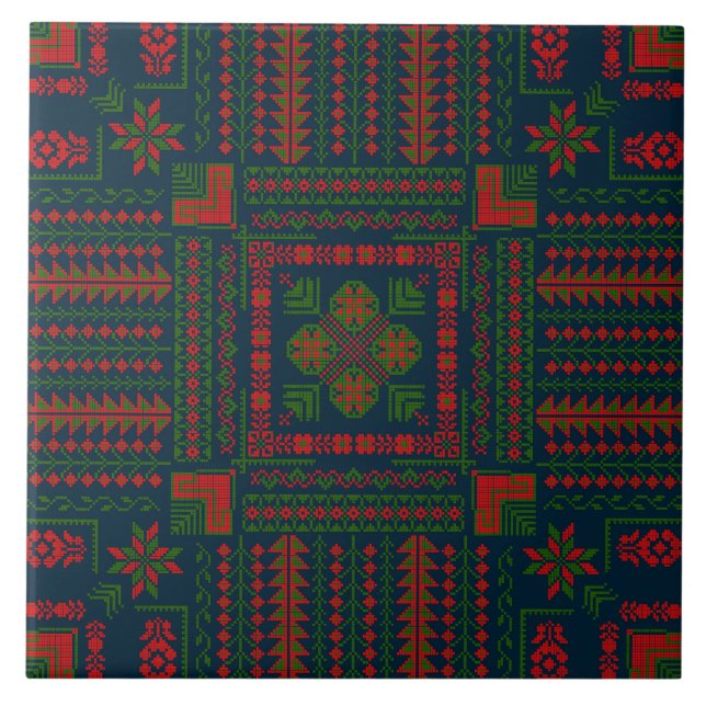 Carreau Broderie palestinienne Tatreez rouge vert 5 Motif (Devant)