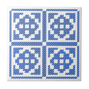 Carreau Broderie traditionnelle ethnique bleue originale a