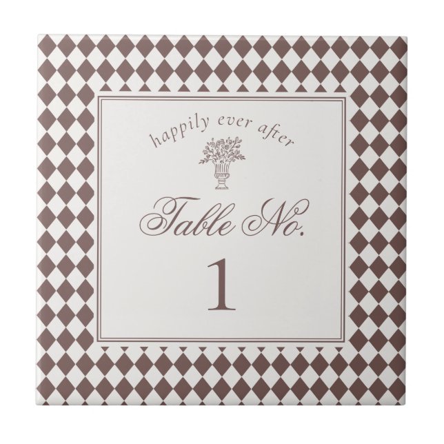 Carreau Brown Harlequin Checkered Wedding Table Number (Devant)