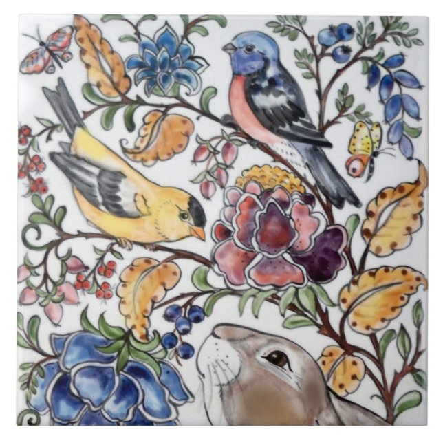 Carreau Brown lapin Lapin Oiseau Floral Top Visages L (Devant)