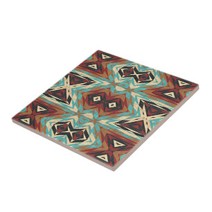 Carreau Brown Turquoise Bleu Vert Orange Ethnic Tribe Art