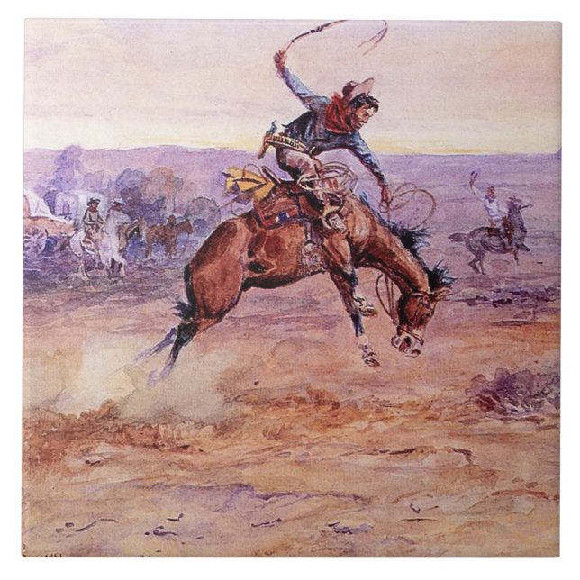Carreau « Bucking Bronco » Cowboy Art de Charles Russell (Devant)