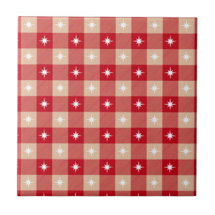 Carreau Buffle Rouge Tan Beige Plaid Étoiles Blanches Tend