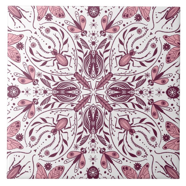 Carreau Buissons, magenta foncé et rose sur blanc (Devant)