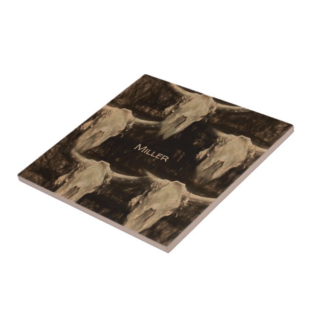 Carreau Bull Skull Western Russe Country Brown Sepia Art (Côté)
