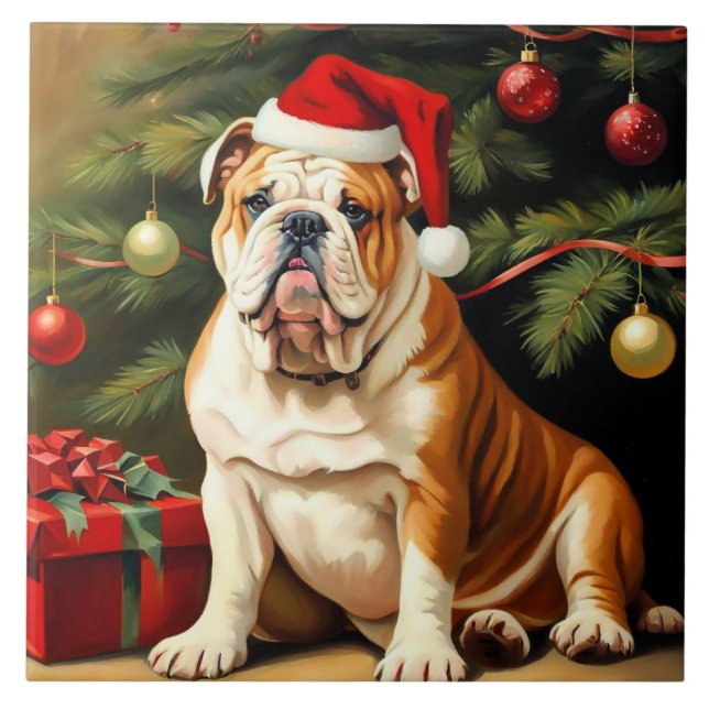 Carreau Bulldog anglais à Santa hat, (Devant)