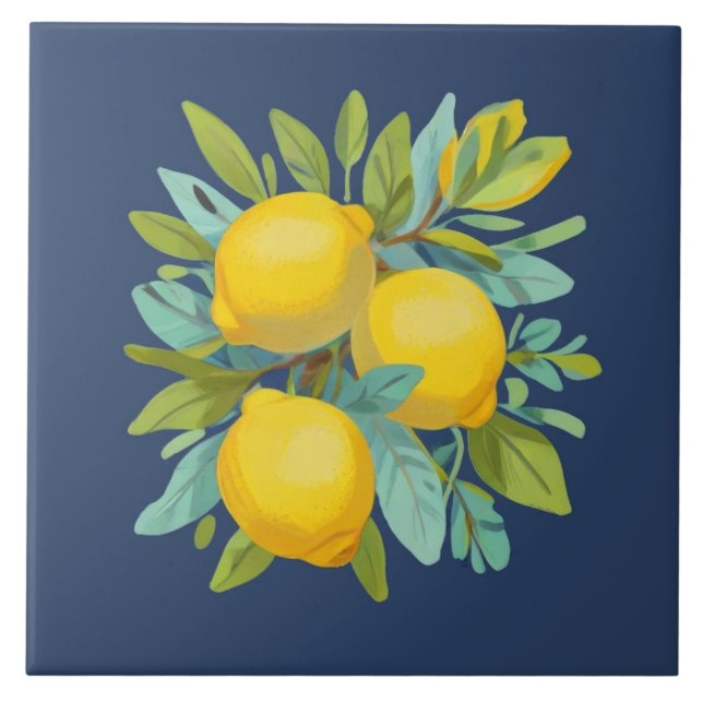 Carreau Bunch of Lemons on Mediterranean Dark Blue (Devant)