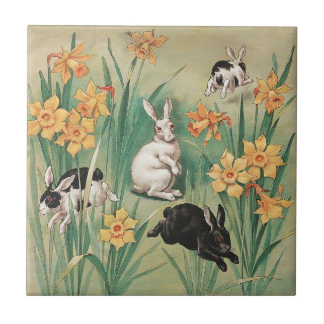 Carreau Bunnies mignons aux fleurs de jonquille Antique Pâ (Devant)