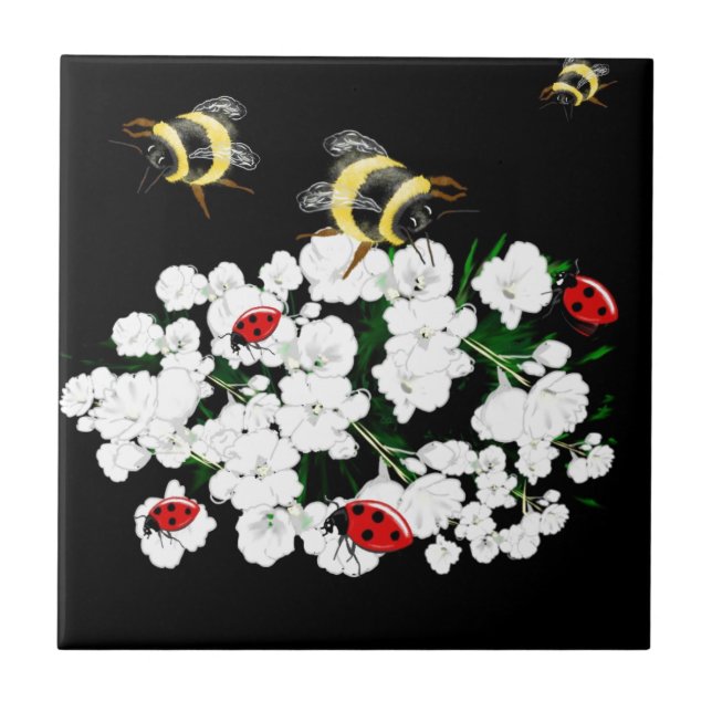 Carreau Bureaux d'abeilles dramatiques et fleurs blanches  (Devant)