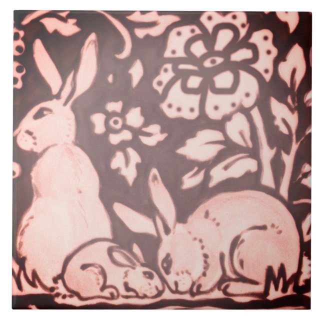 Carreau Burgundy Lapin Rose Feuillage Floral Bois Décor (Devant)