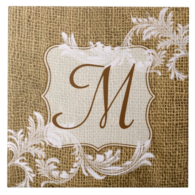 Carreau Burlap Pays Dentelle Appliquée Monogramme Display  (Devant)