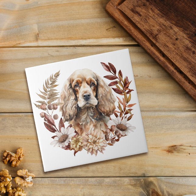 Carreau Buster American Cocker Spaniel Dog Autumn Wreath (Créateur téléchargé)