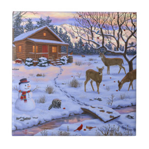 Carreau Cabane d'hiver cerf dans la neige scène de Noël