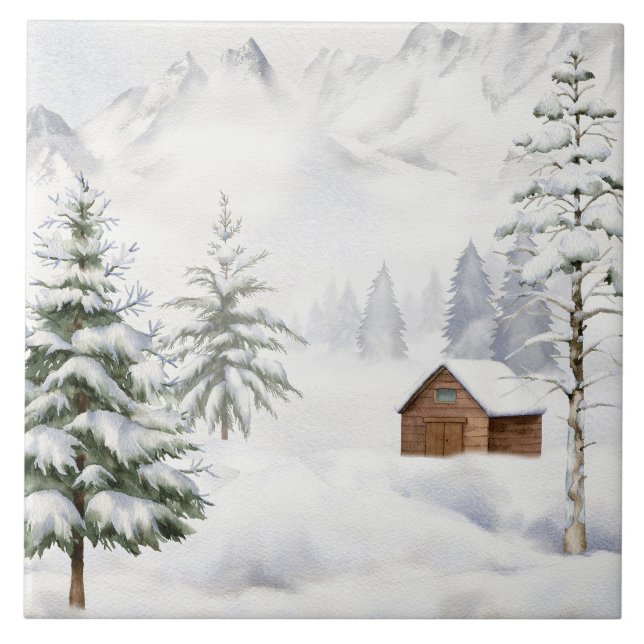 Carreau Cabane d'hiver dans une forêt enneigée à l'aquarel (Devant)