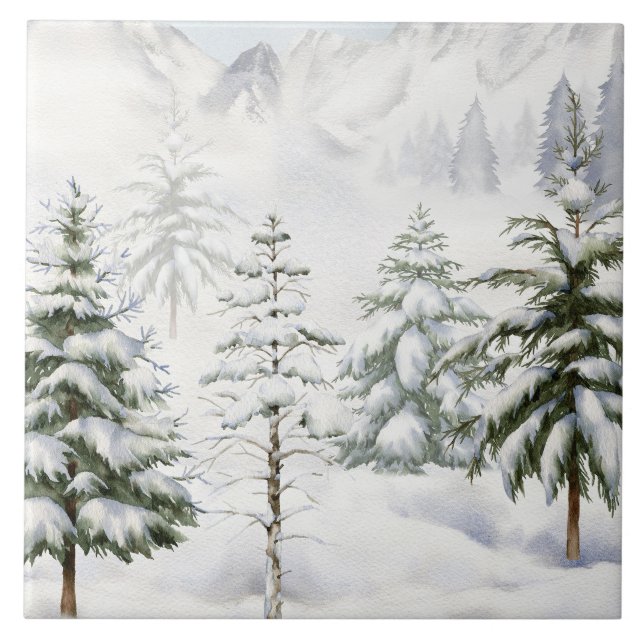 Carreau Cabane d'hiver dans une forêt enneigée à l'aquarel (Devant)