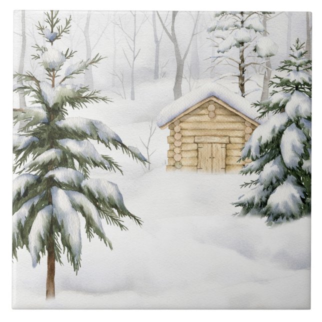 Carreau Cabane d'hiver dans une forêt enneigée à l'aquarel (Devant)