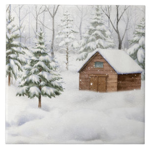 Carreau Cabane d'hiver dans une forêt enneigée Aquarelle
