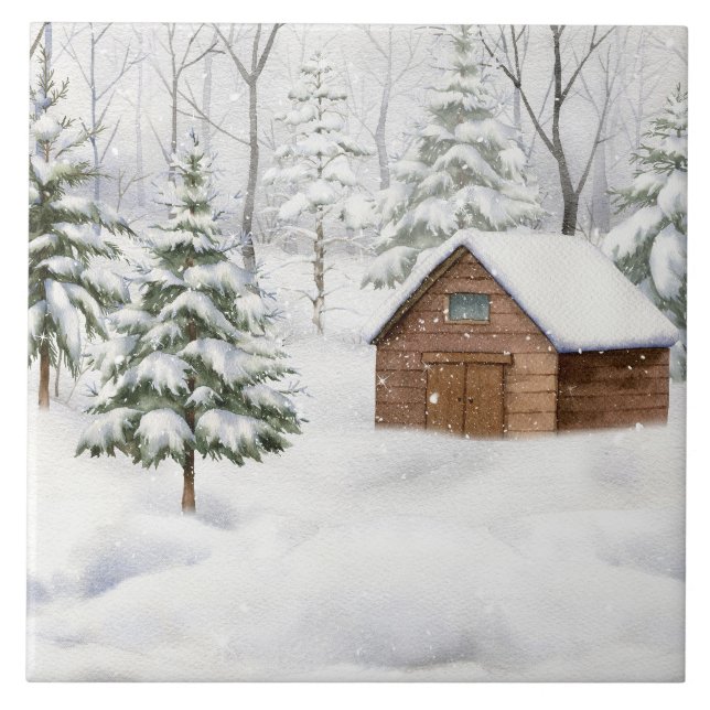 Carreau Cabane d'hiver dans une forêt enneigée Aquarelle (Devant)