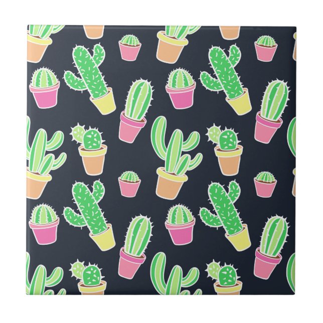 Carreau Cactus au néon d'aquarelle dans le motif de pots (Devant)