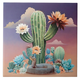 Carreau Cactus Blossoms Rattlesnake Desert Art