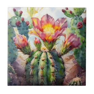Carreau Cactus d'aquarelle avec Fleurs du désert vibrantes