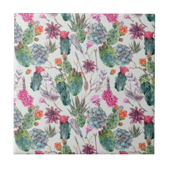 Carreau Cactus exotique d'aquarelle de Boho et motif (Devant)