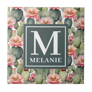 Carreau Cactus Motif Fleurs roses Monogramme