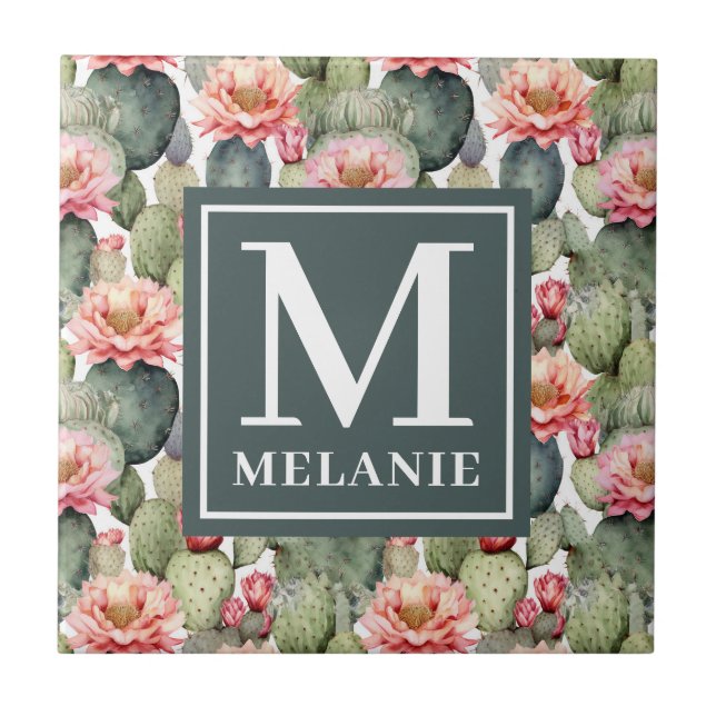 Carreau Cactus Motif Fleurs roses Monogramme (Devant)