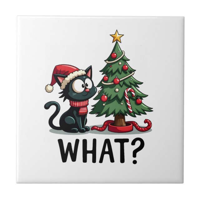 Carreau Cadeau drôle de chat noir poussant l'arbre de Noël (Devant)