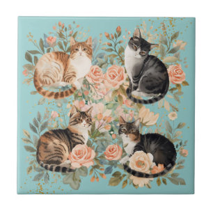 Carreau Cadeau pour amoureux des chats vintage botanique c