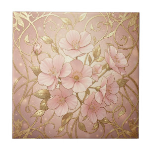 Carreau Cadre doré à fleur rose élégante