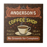 Carreau Café-Boutique avec de la viande Créez votre propre<br><div class="desc">Ce carrelage sur le thème du café convient parfaitement à tous ceux qui tiennent leur propre café ou ont un thème café dans leur décor de cuisine. Fait en marron, orange, beige et jaune rétro, ce design inspiré de l'espresso / cappuccino comporte une tasse sur une soucoupe, deux bannières de...</div>