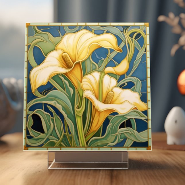 Carreau Cala Lily (A ceramic tile showing two Cala Lillies is shown in a display stand)
